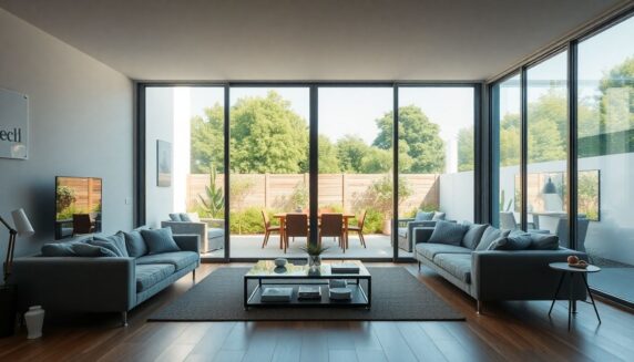 Salón con puertas correderas de cristal ventanal